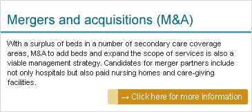 Mergers and acquisitions (M&A): With a surplus of beds in a number of secondary care coverage areas, M&A to add beds and expand the scope of services is also a viable management strategy. Candidates for merger partners include not only hospitals but also paid nursing homes and care-giving facilities.