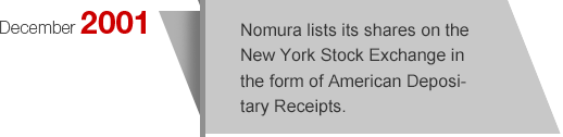 December2001 Nomura lists its shares on the New York Stock Exchange in the form of American Depositary Receipts.