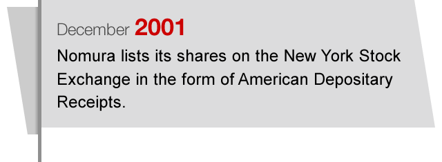 December2001 Nomura lists its shares on the New York Stock Exchange in the form of American Depositary Receipts.