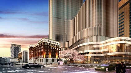 Rendering of lower levels, exterior, from Chuo-dori Street (evening)