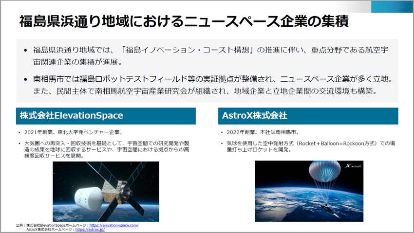 福島県浜通り地域におけるニュースペース企業の集積(出所)経済産業省 東北経済産業局『東北地域における宇宙関連産業振興に係る広域連携に向けた検討について』(2025年9月)